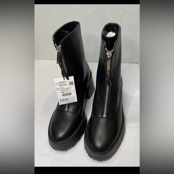 Zara Shoes - Zara Black Leather Front-Zip Chunky Heel Ankle Boots